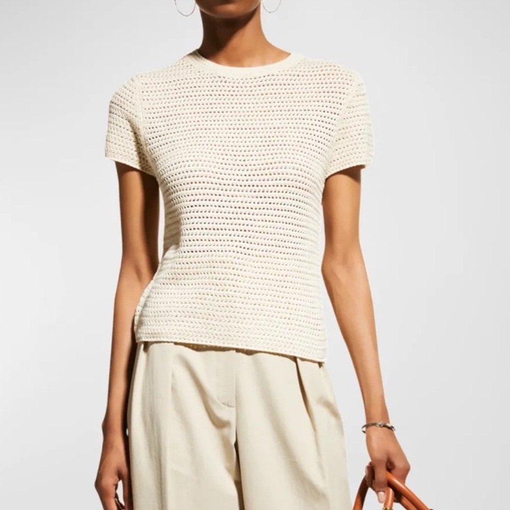 Vince Cream Short Sleeve Crochet Knit Tee